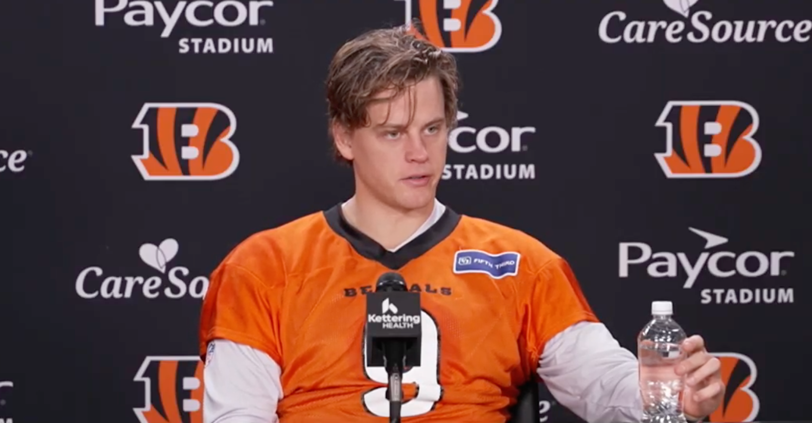 Cincinnati Bengals quarterback Joe Burrow speaks to reporters following practice on Nov. 10, 2025. Burrow was cleared to practice by the team.